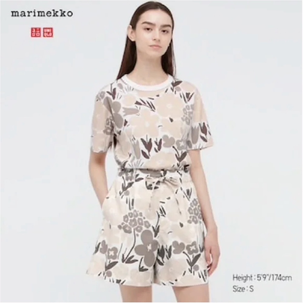 Marimekko and Uniqlo collab cream and brown floral tee and shorts coord set NWT
